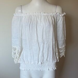 Woodstock  White Off-Shoulder Boho Peasant
Blouse Lace Trim Smocked One size Top